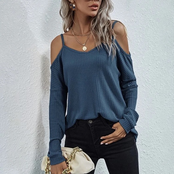 Black Waffle knit long sleeve cold shoulder top - Picture 7 of 10